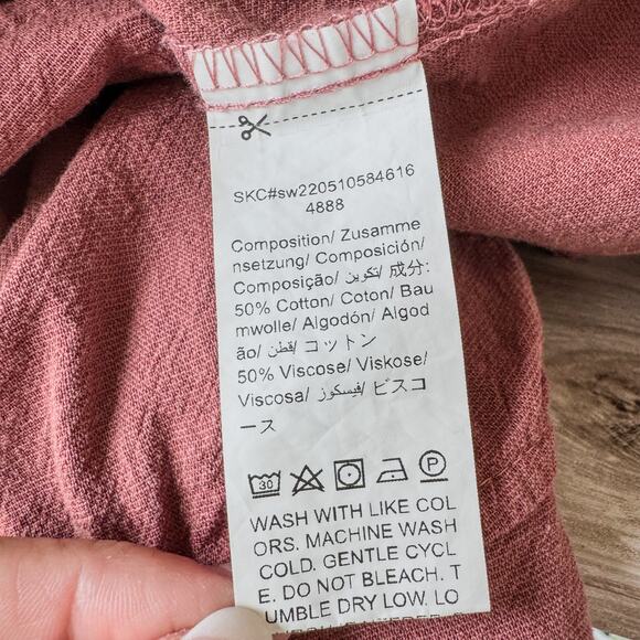 Dazy, Women's Medium, Solid Button Front Shirt Bishop Sleeves, Rusty Brown Rose - Picture 7 of 8